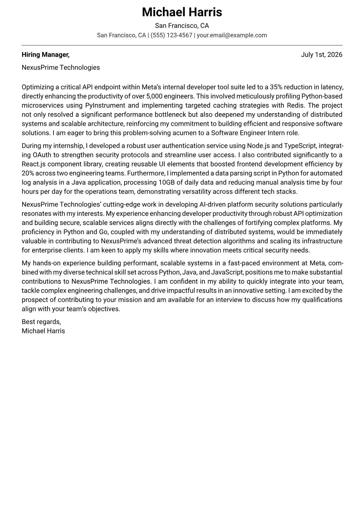 Software Engineer Intern cover letter formatted with a JobSprout template