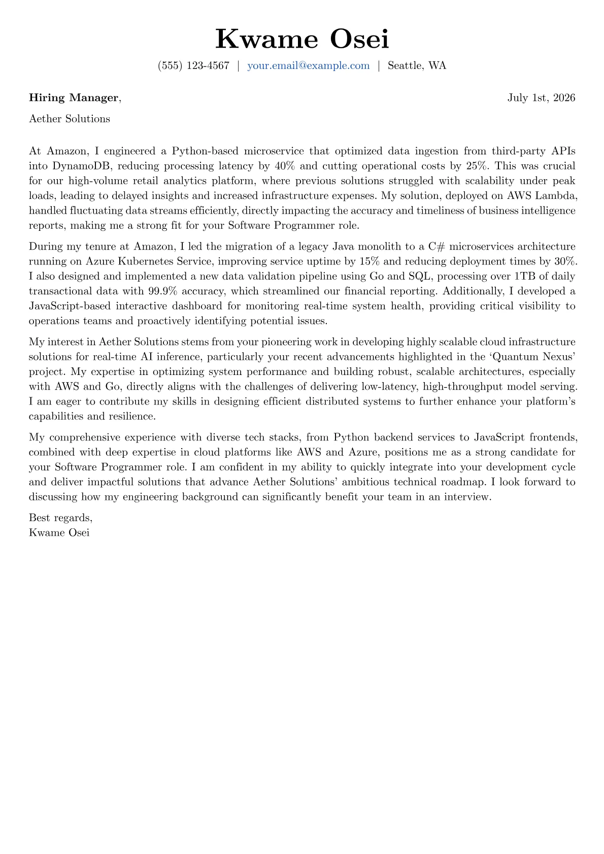 Software Programmer cover letter formatted with a JobSprout template