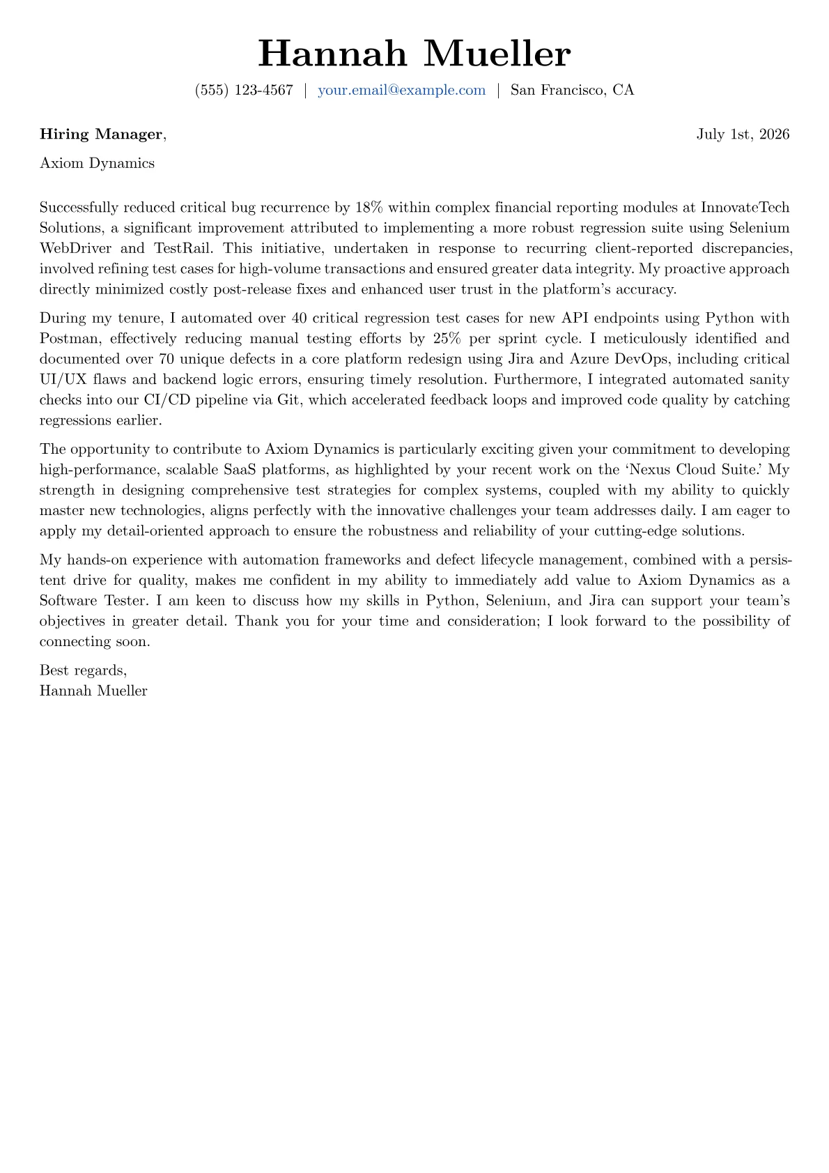 Software Tester cover letter formatted with a JobSprout template