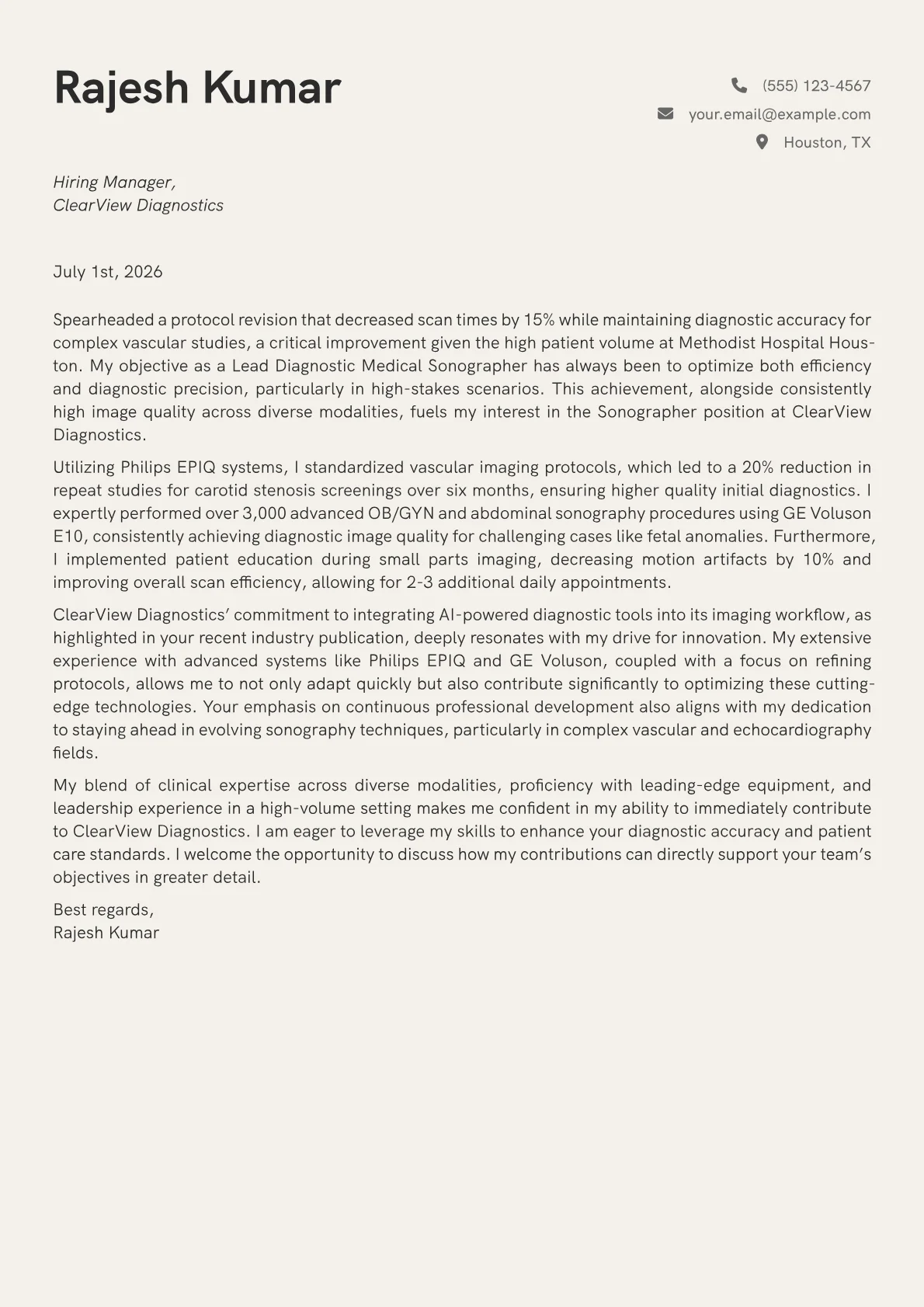 Sonographer cover letter formatted with a JobSprout template