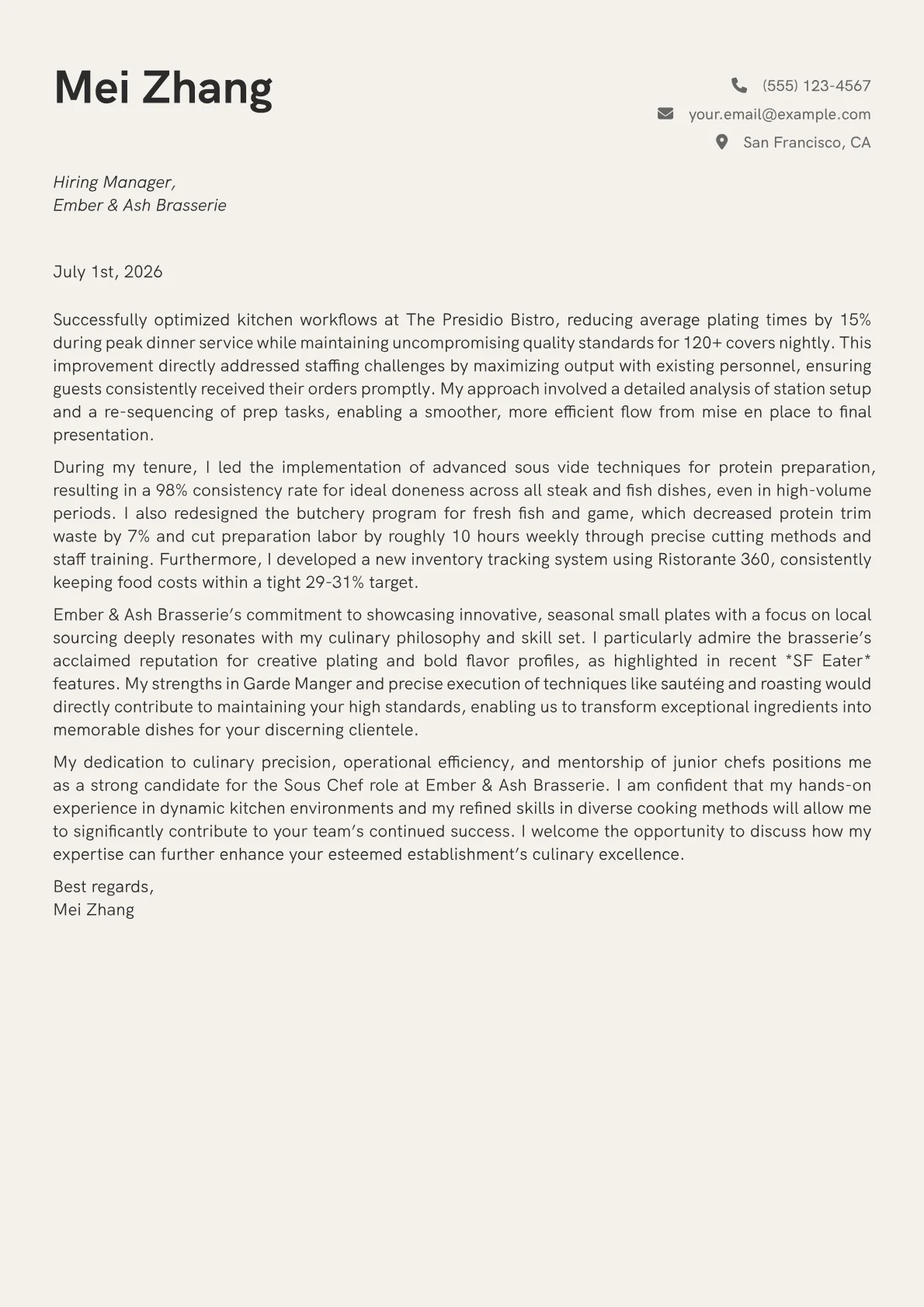 Sous Chef cover letter formatted with a JobSprout template