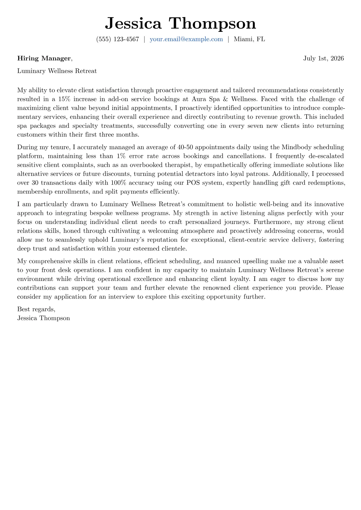 Spa Receptionist cover letter formatted with a JobSprout template