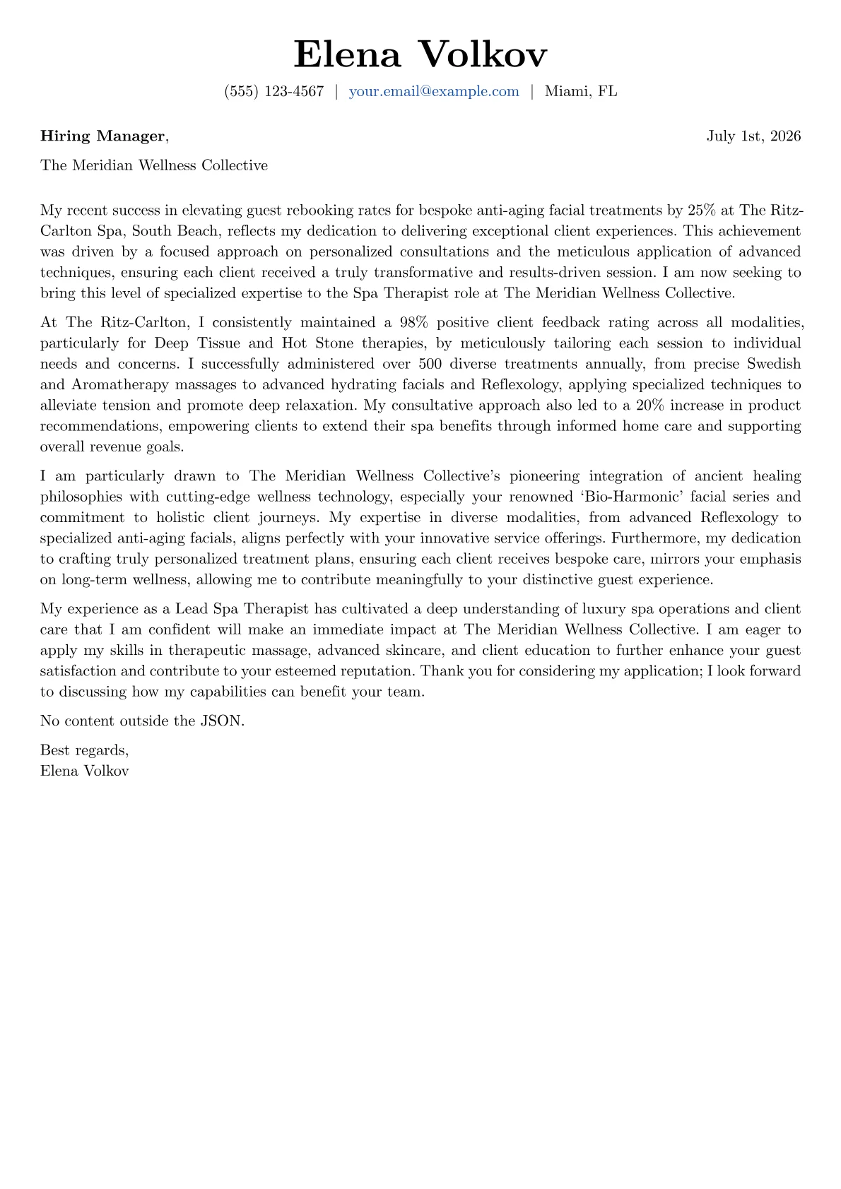 Spa Therapist cover letter formatted with a JobSprout template