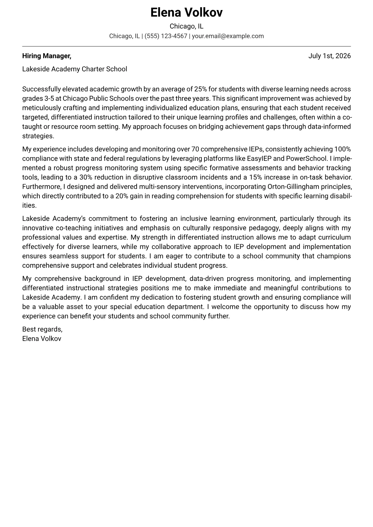 Special Education Teacher cover letter formatted with a JobSprout template