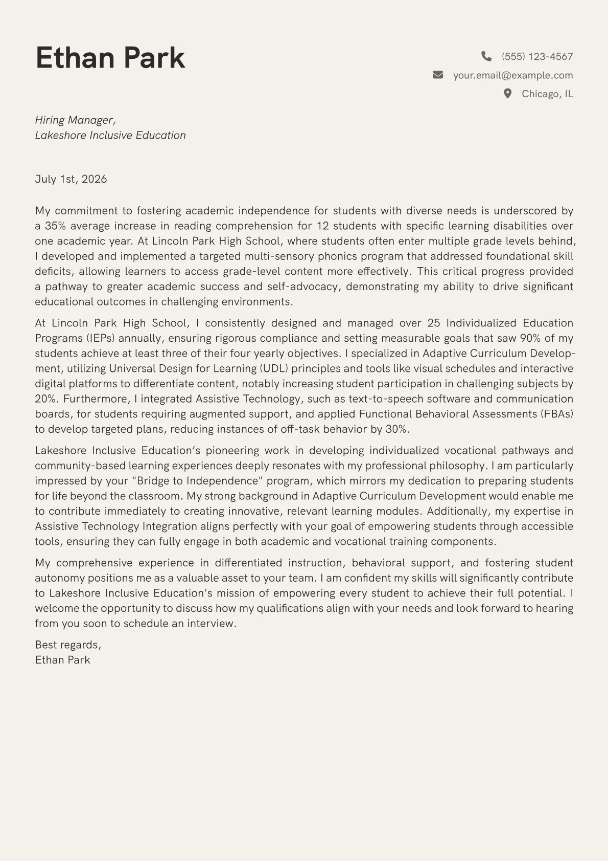 Special Needs Teacher cover letter formatted with a JobSprout template