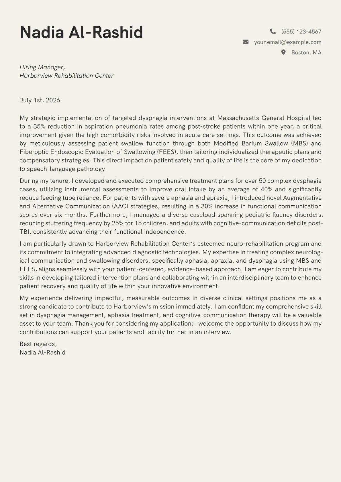 Speech Therapist cover letter formatted with a JobSprout template