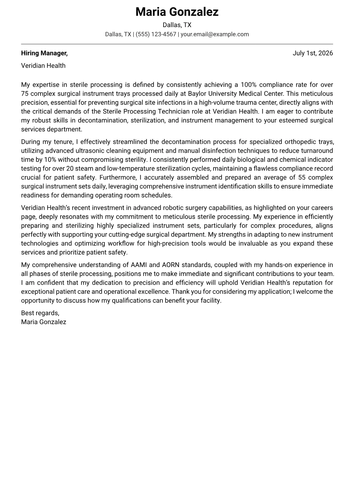 Sterile Processing Technician cover letter formatted with a JobSprout template