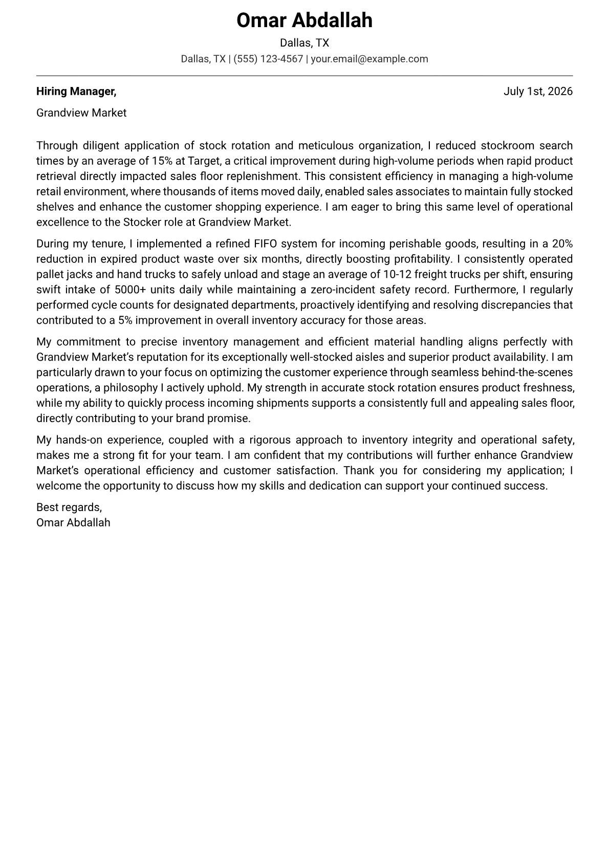 Stocker cover letter formatted with a JobSprout template