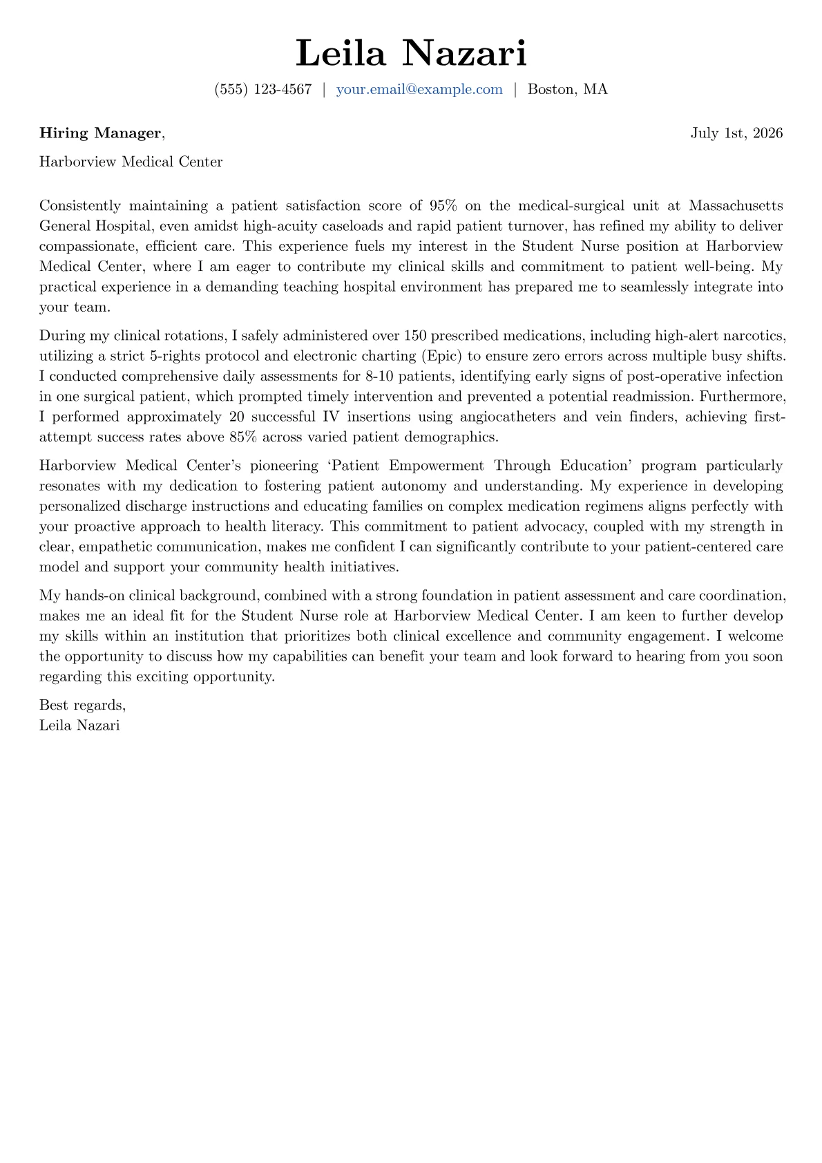 Student Nurse cover letter formatted with a JobSprout template