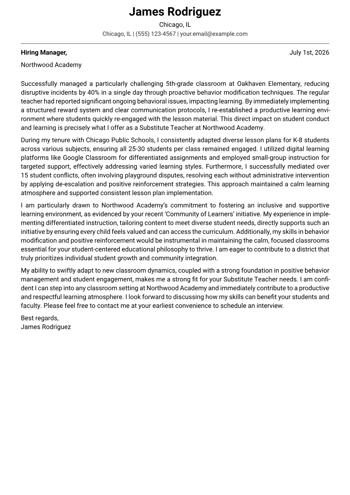 Substitute Teacher cover letter formatted with a JobSprout template