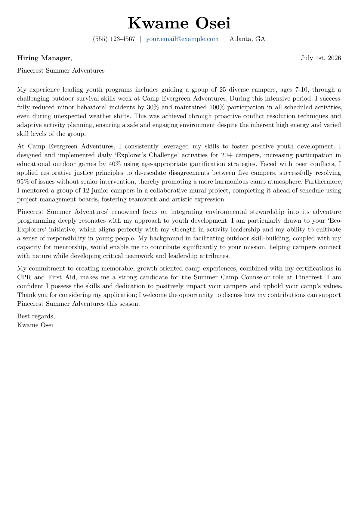 Summer Camp Counselor cover letter formatted with a JobSprout template