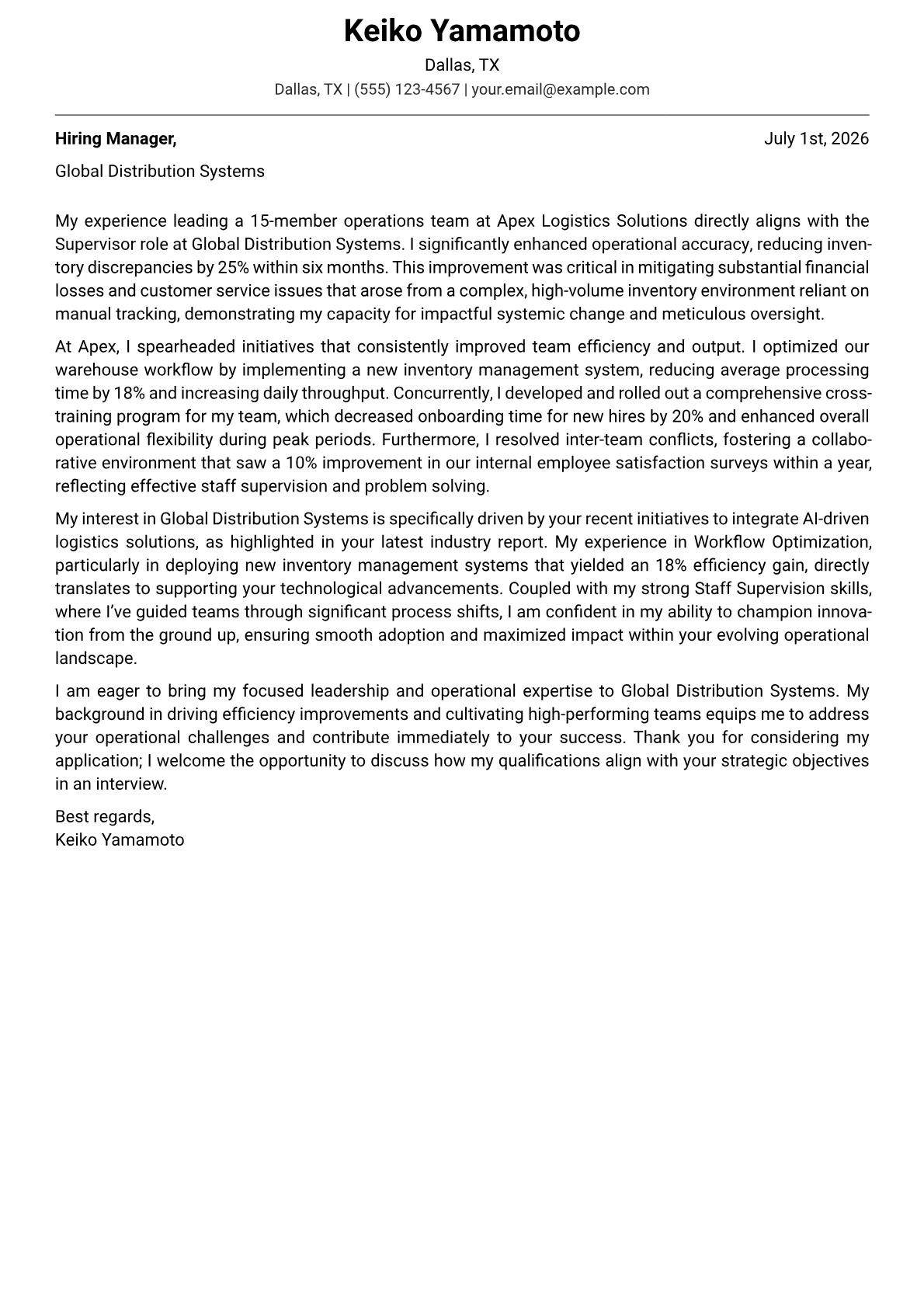 Supervisor cover letter formatted with a JobSprout template