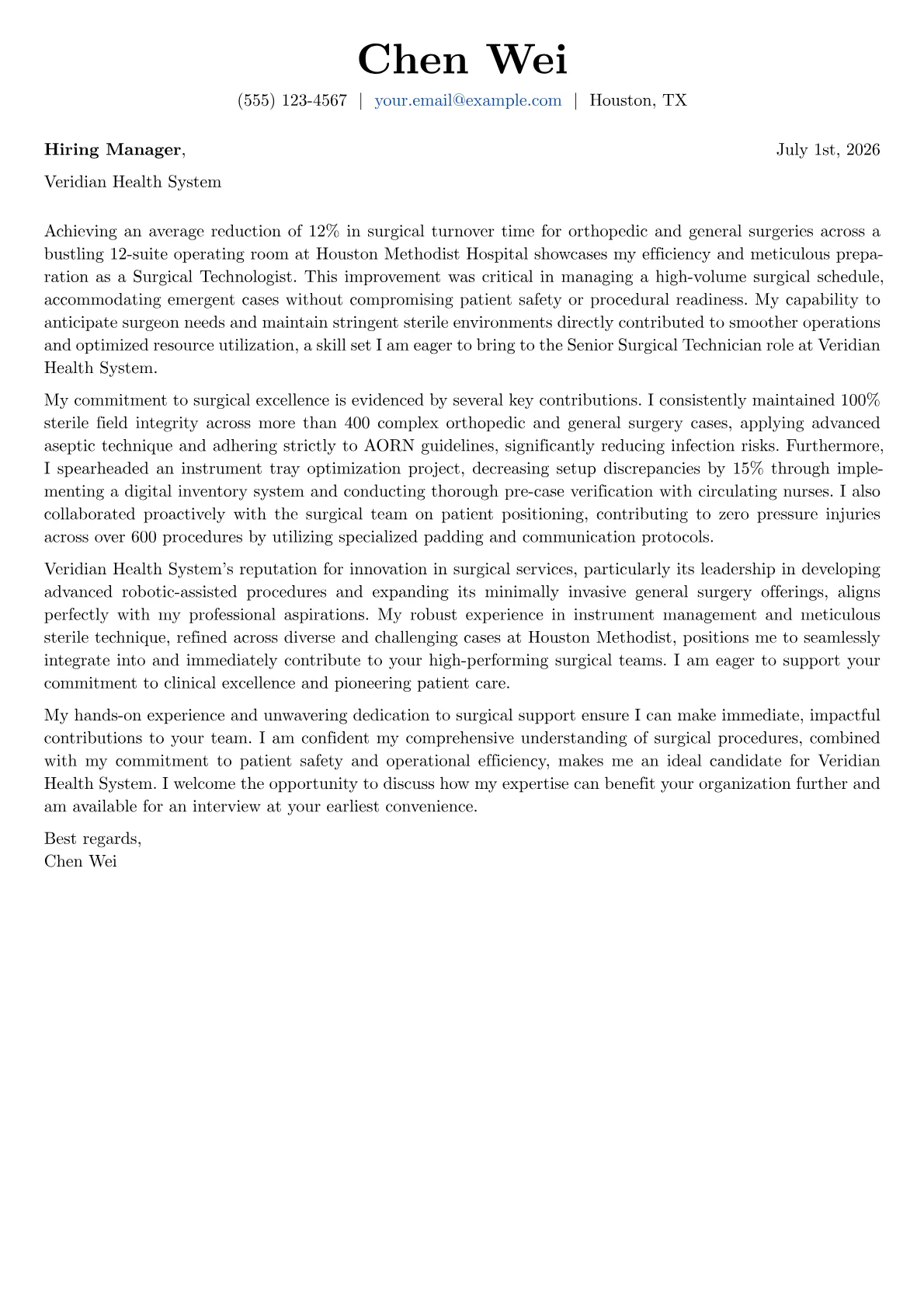 Surgical Technician cover letter formatted with a JobSprout template