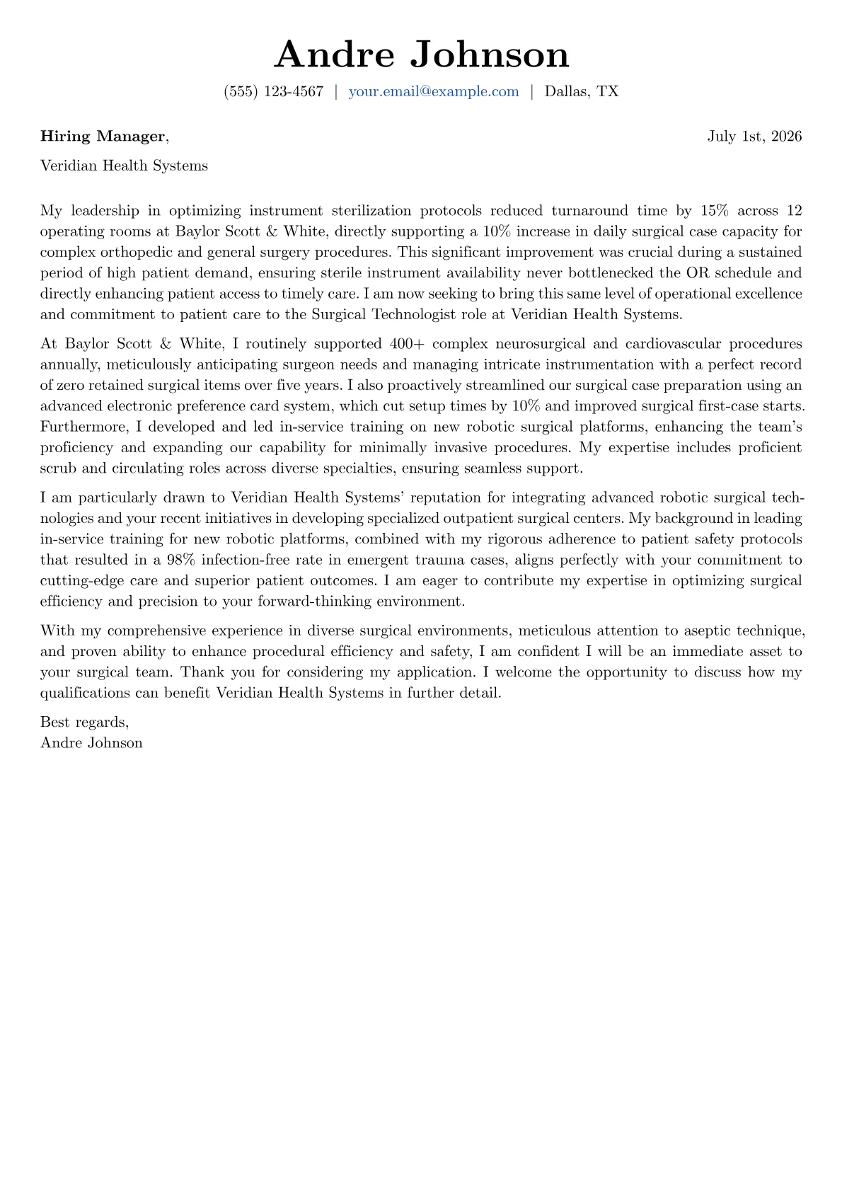 Surgical Technologist cover letter formatted with a JobSprout template