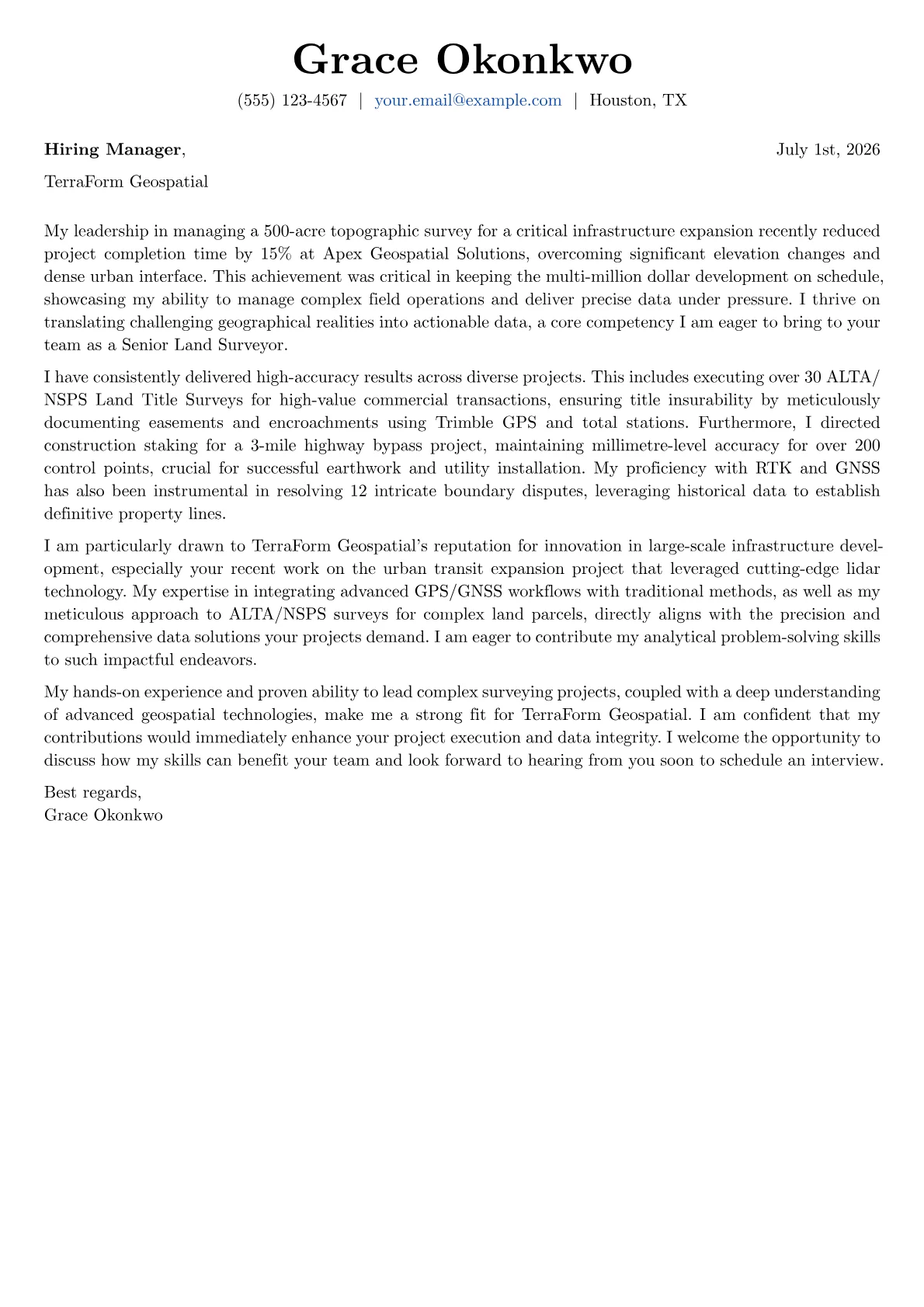 Surveyor cover letter formatted with a JobSprout template