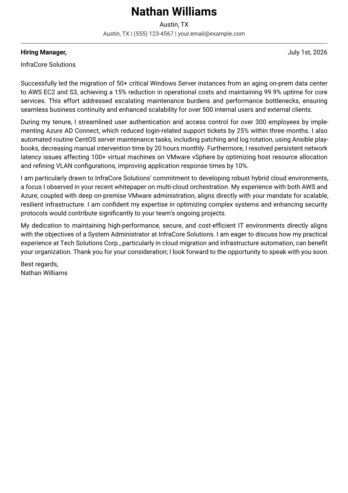 System Administrator cover letter formatted with a JobSprout template