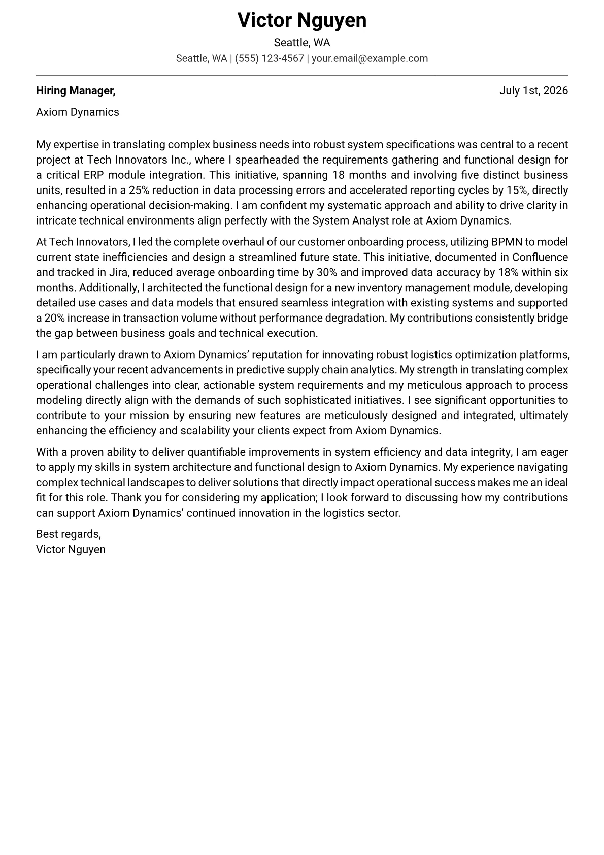 System Analyst cover letter formatted with a JobSprout template