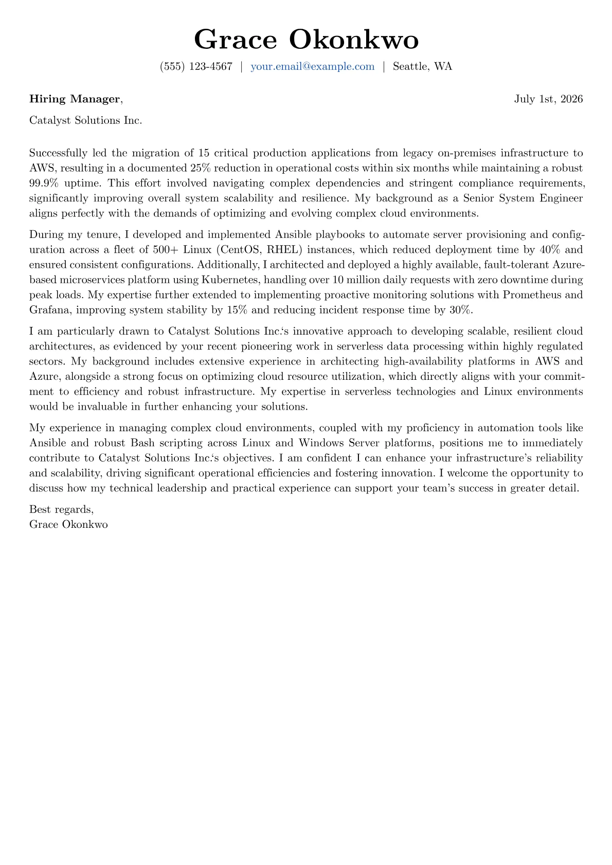 System Engineer cover letter formatted with a JobSprout template
