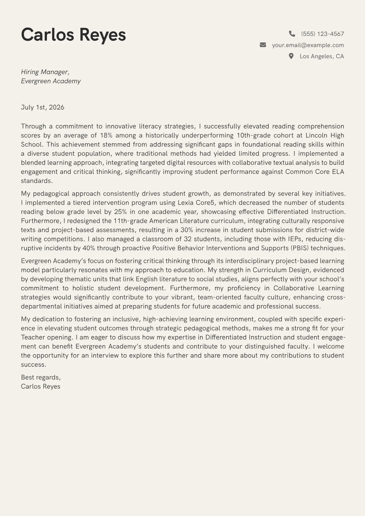Teacher cover letter formatted with a JobSprout template