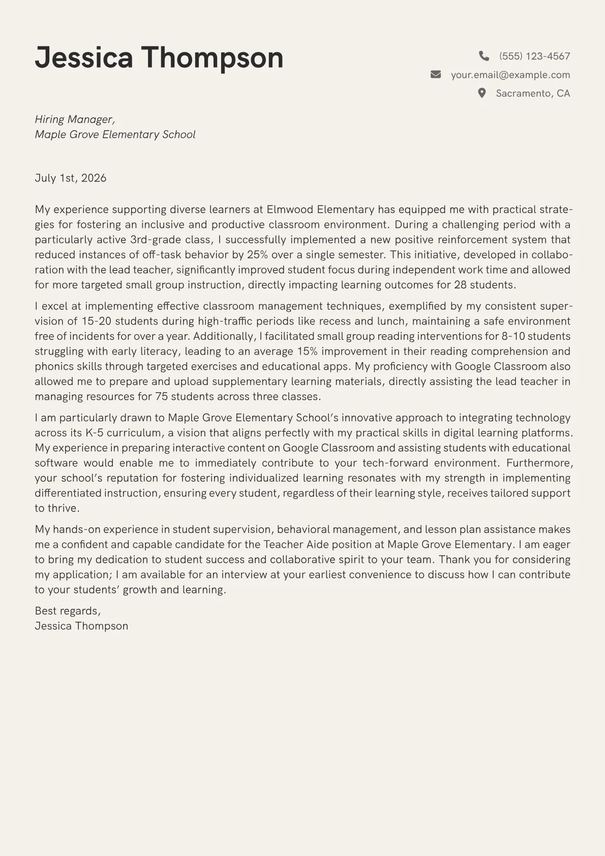 Teacher Aide cover letter formatted with a JobSprout template