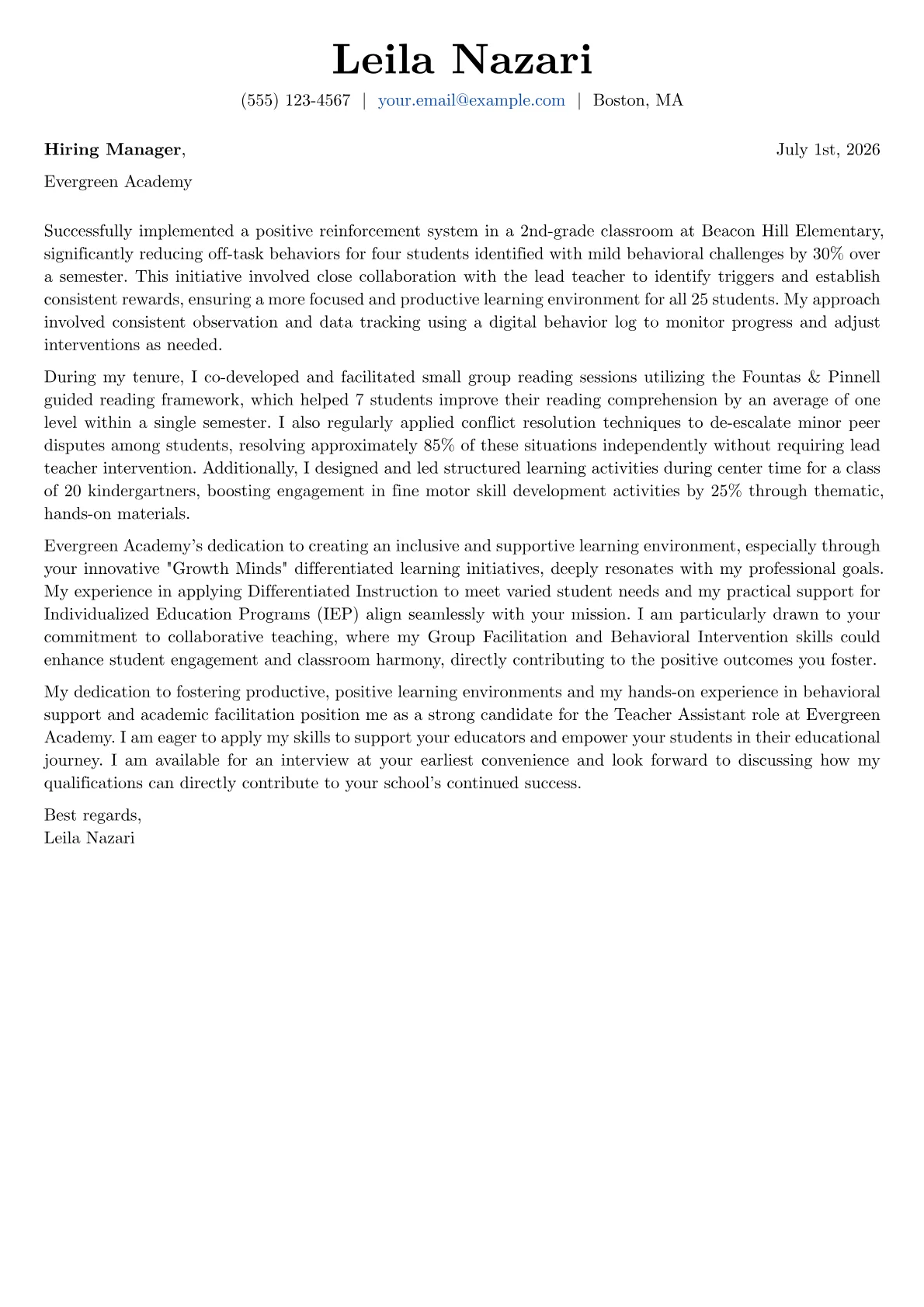 Teacher Assistant cover letter formatted with a JobSprout template