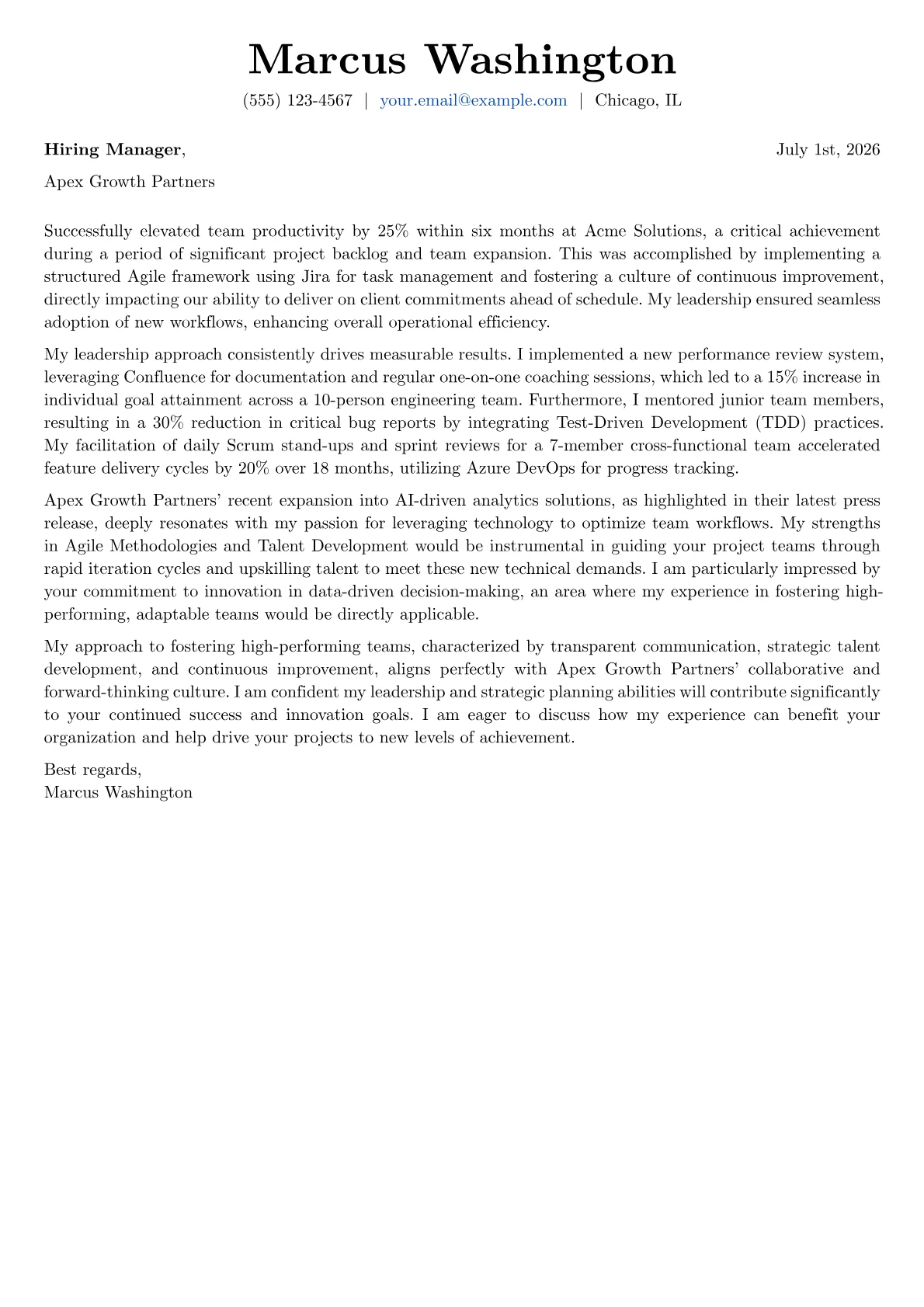 Team Leader cover letter formatted with a JobSprout template