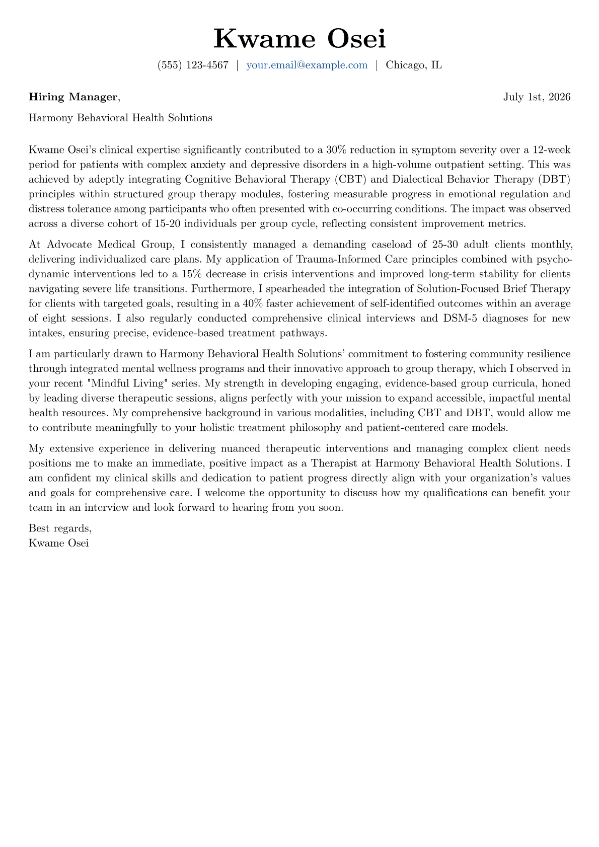 Therapist cover letter formatted with a JobSprout template