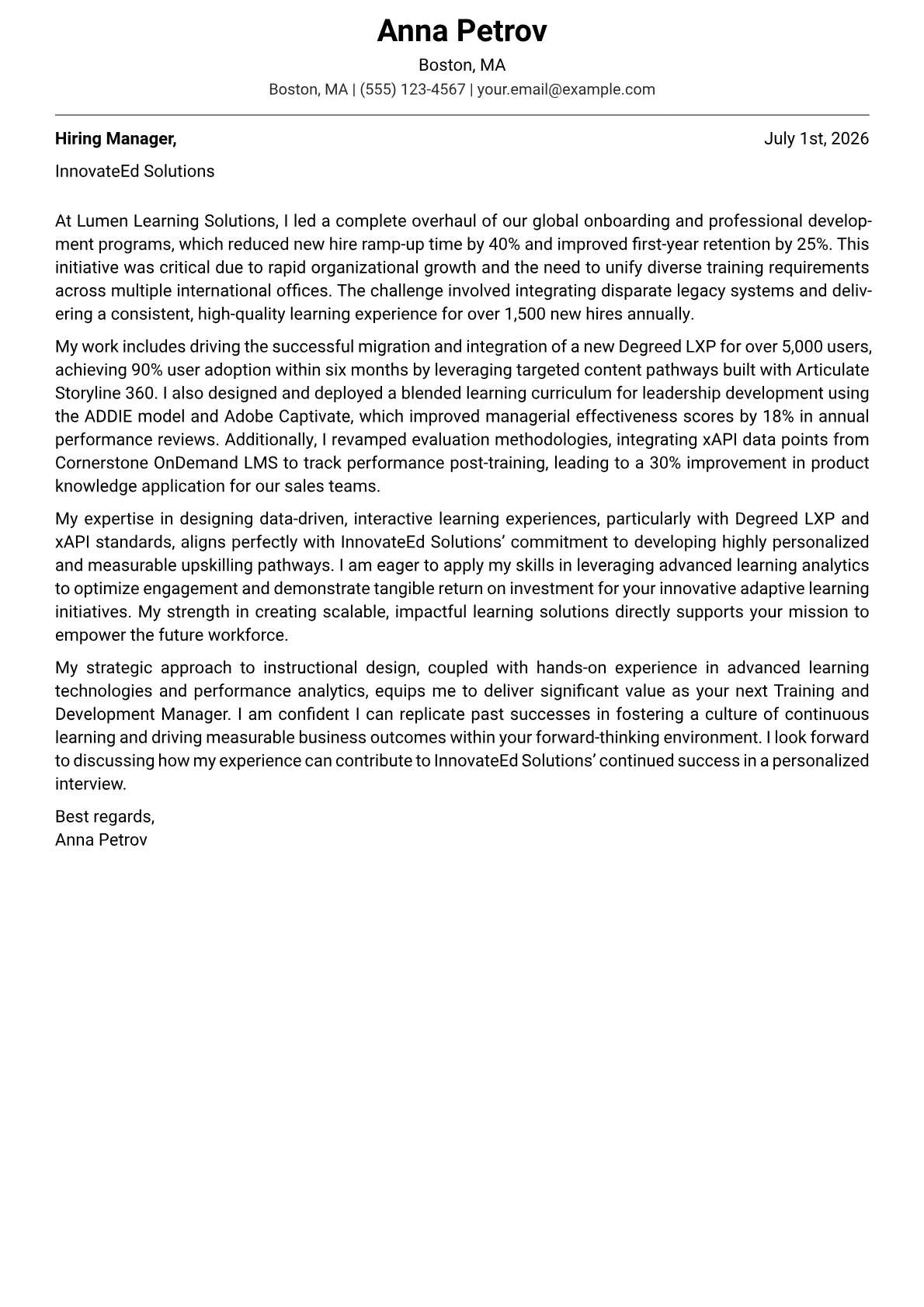 Training and Development Manager cover letter formatted with a JobSprout template