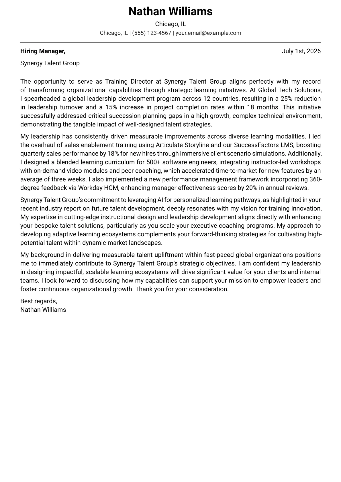 Training Director cover letter formatted with a JobSprout template
