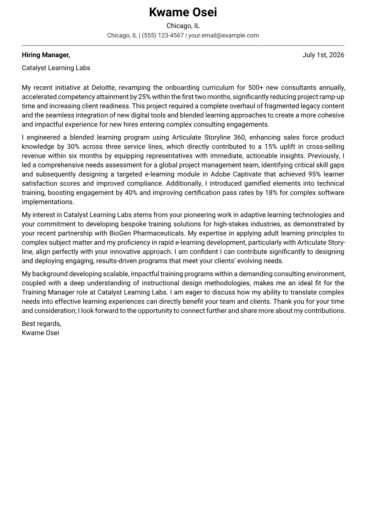 Training Manager cover letter formatted with a JobSprout template