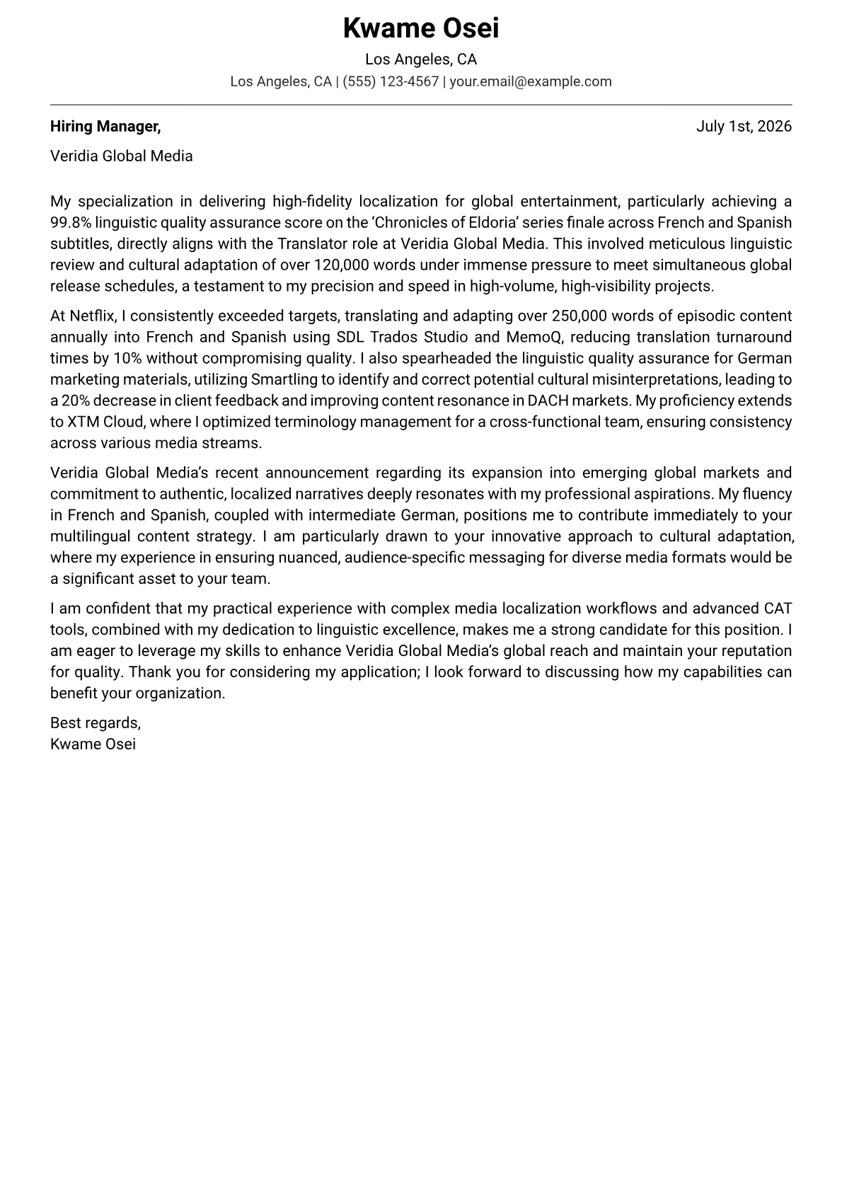 Translator cover letter formatted with a JobSprout template