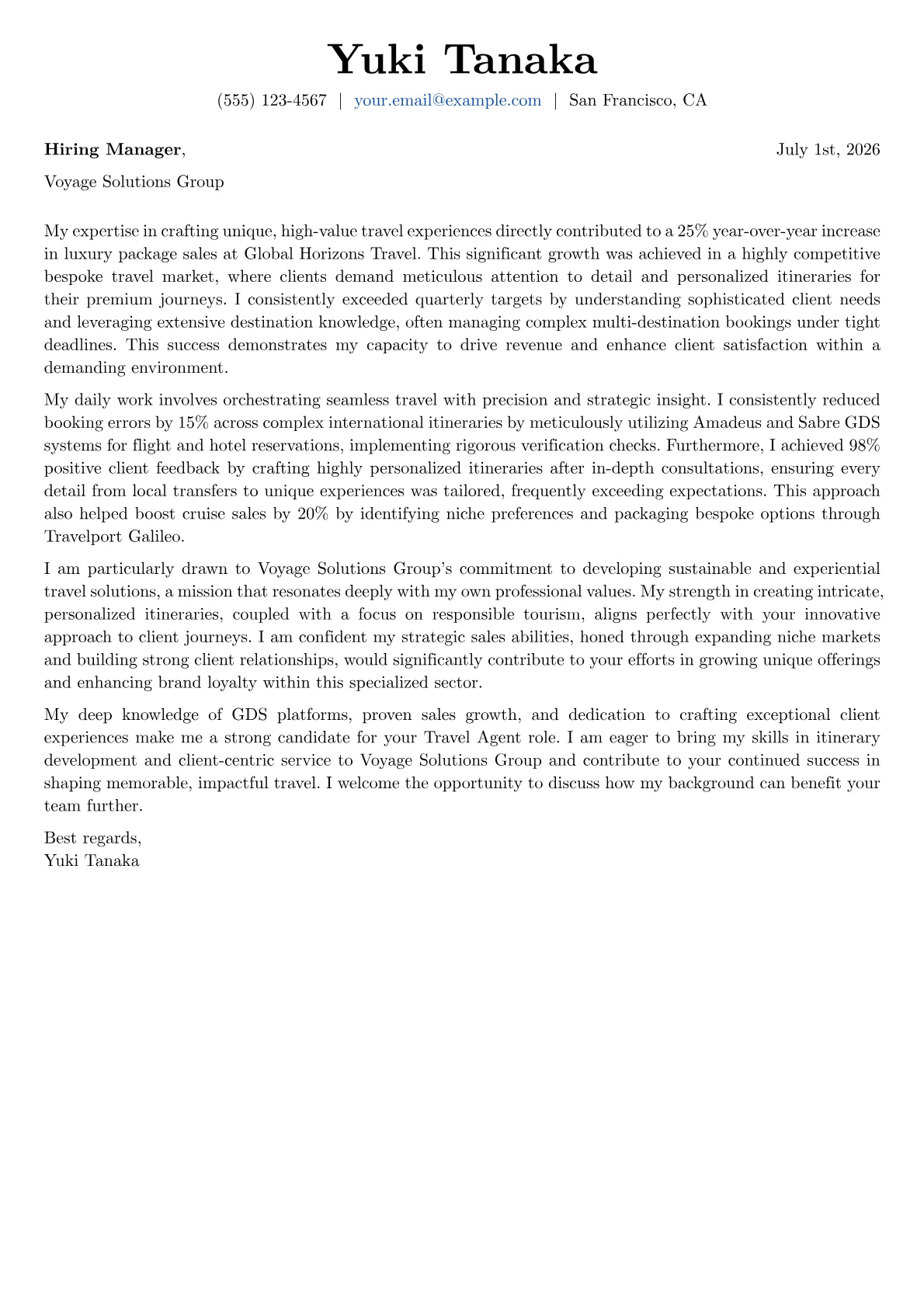 Travel Agent cover letter formatted with a JobSprout template