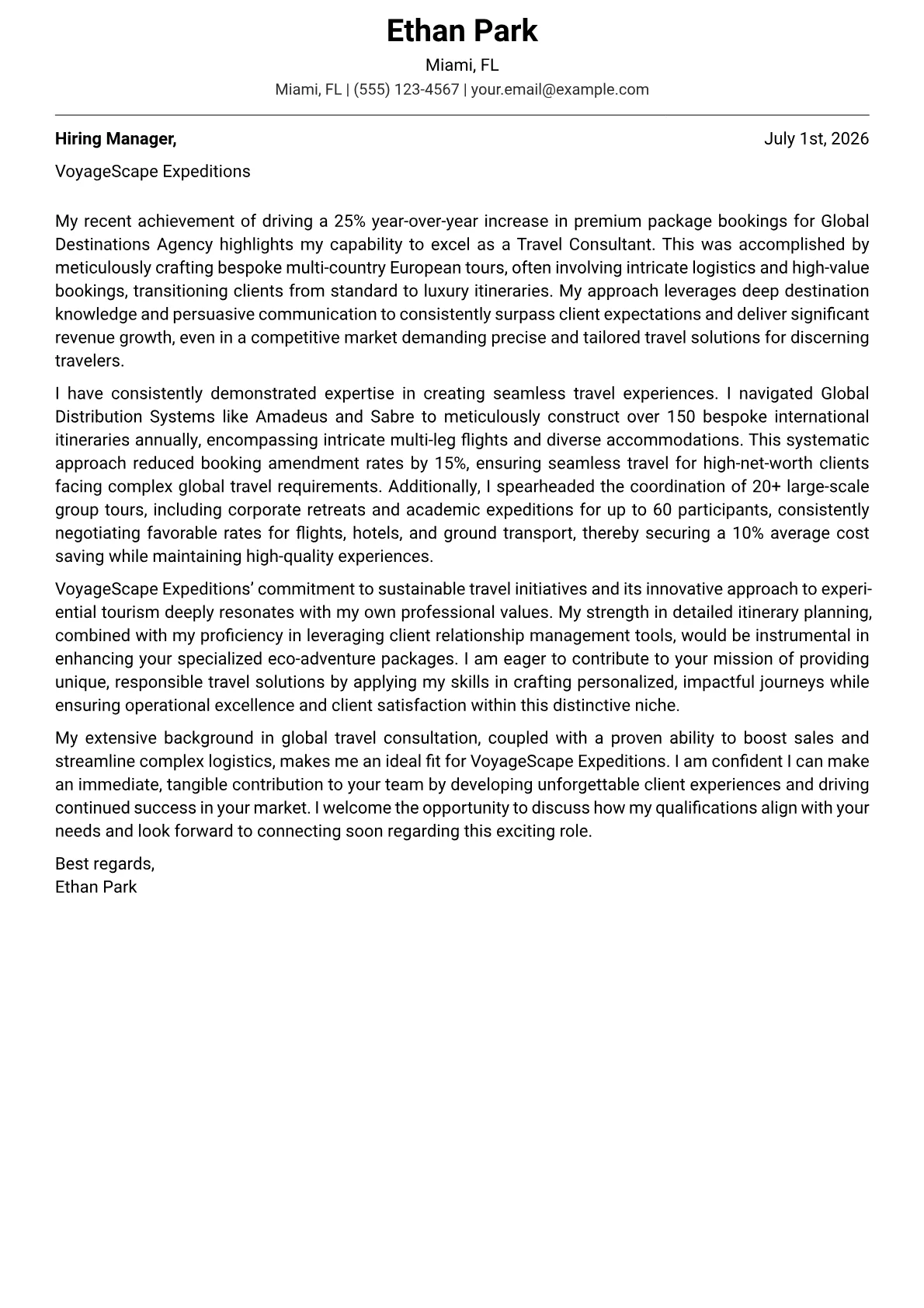 Travel Consultant cover letter formatted with a JobSprout template
