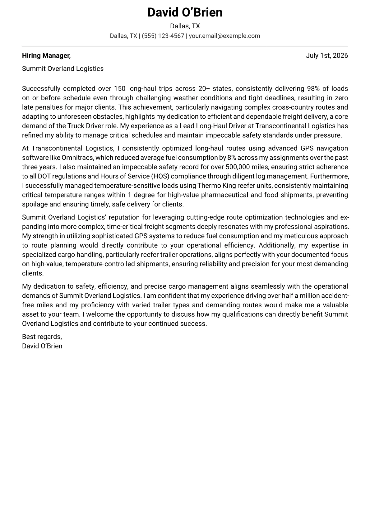 Truck Driver cover letter formatted with a JobSprout template