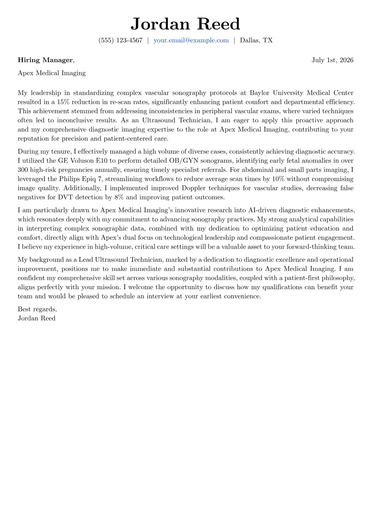 Ultrasound Technician cover letter formatted with a JobSprout template