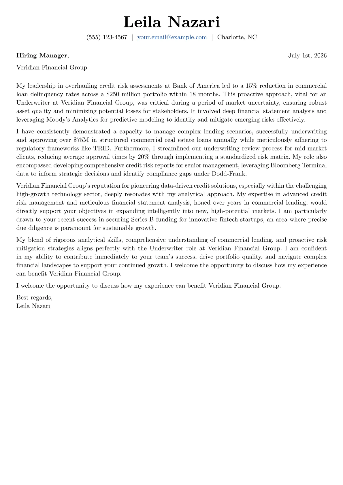 Underwriter cover letter formatted with a JobSprout template