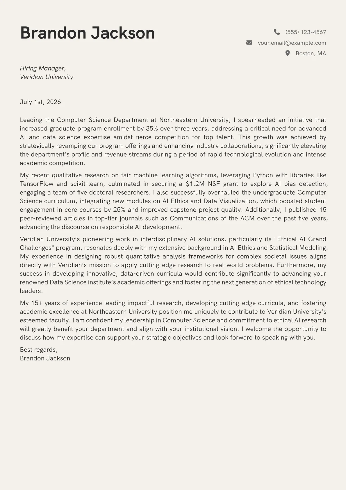 University Professor cover letter formatted with a JobSprout template