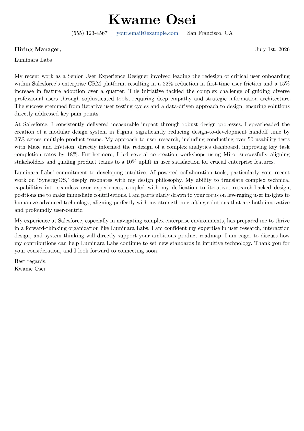 User Experience Designer cover letter formatted with a JobSprout template