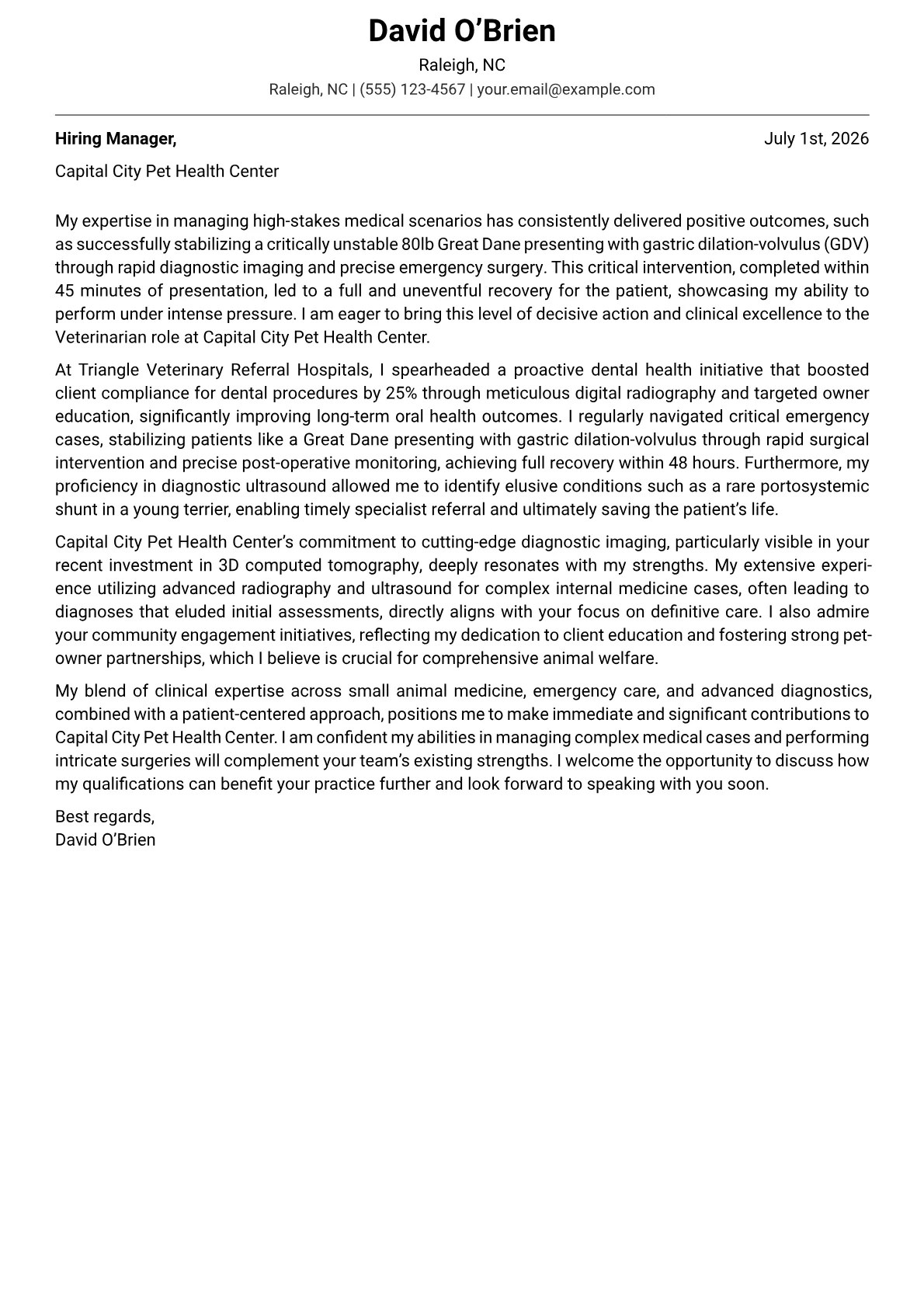 Veterinarian cover letter formatted with a JobSprout template