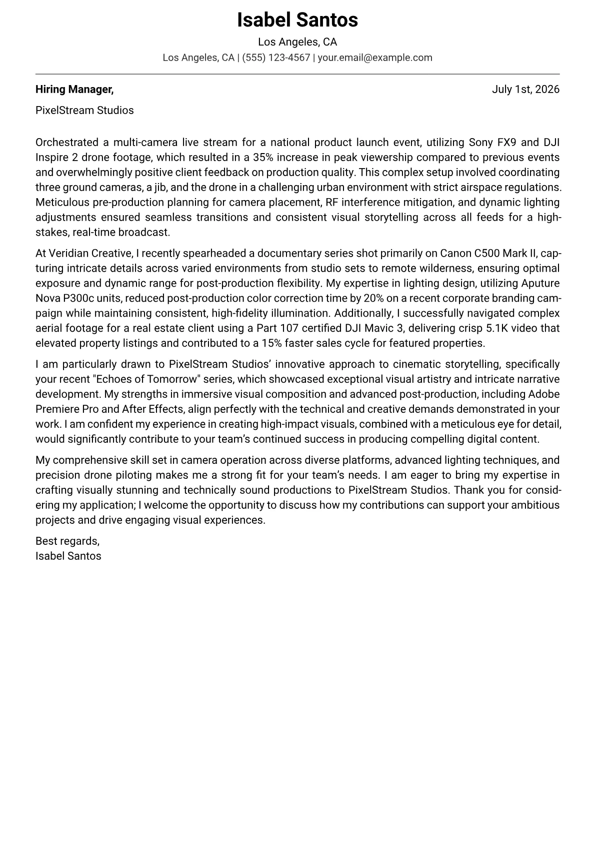 Videographer cover letter formatted with a JobSprout template