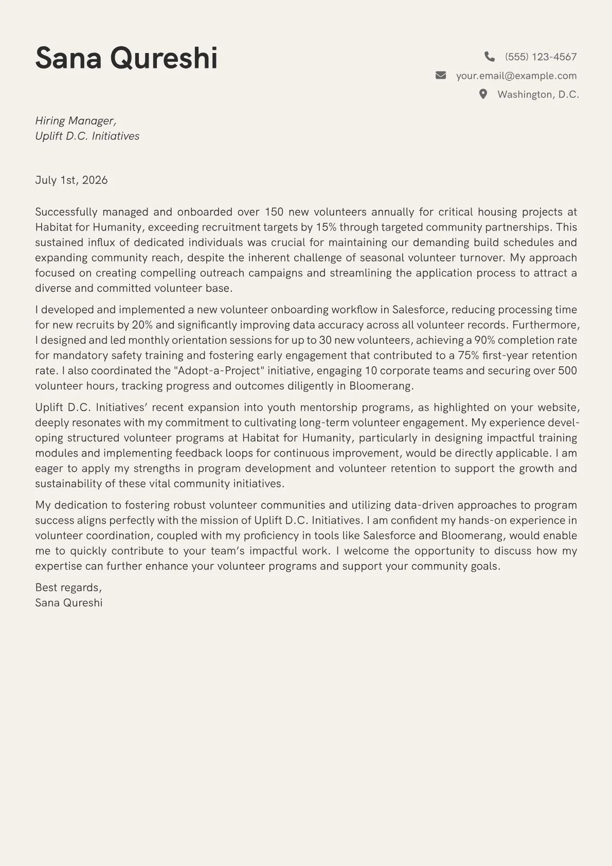 Volunteer Coordinator cover letter formatted with a JobSprout template