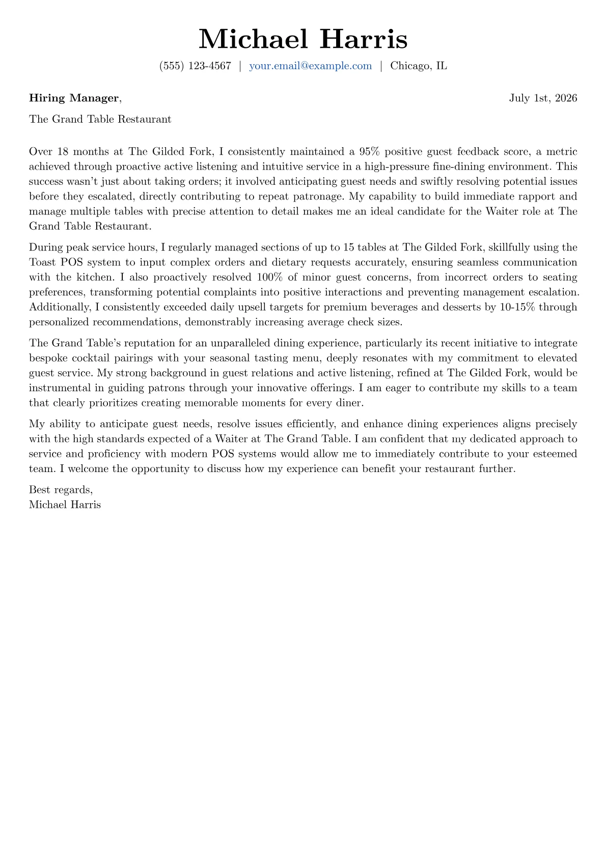 Waiter cover letter formatted with a JobSprout template