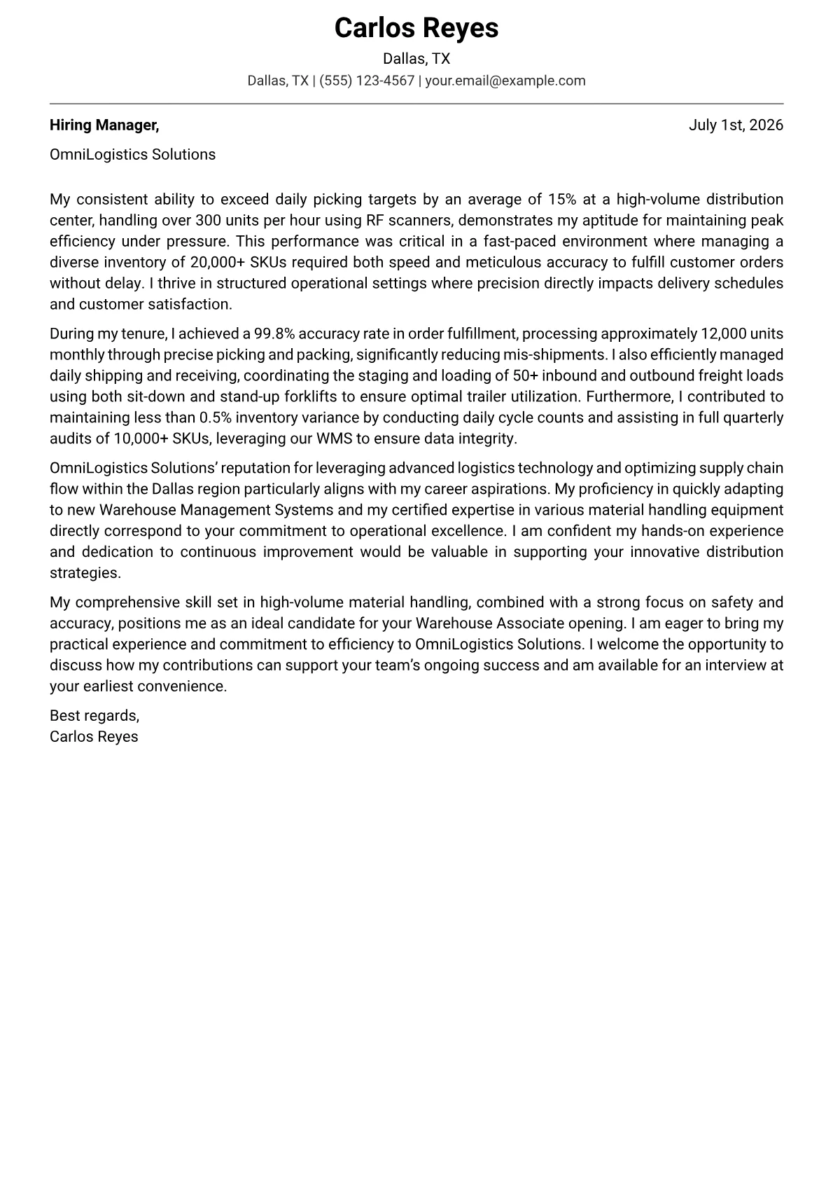 Warehouse Associate cover letter formatted with a JobSprout template