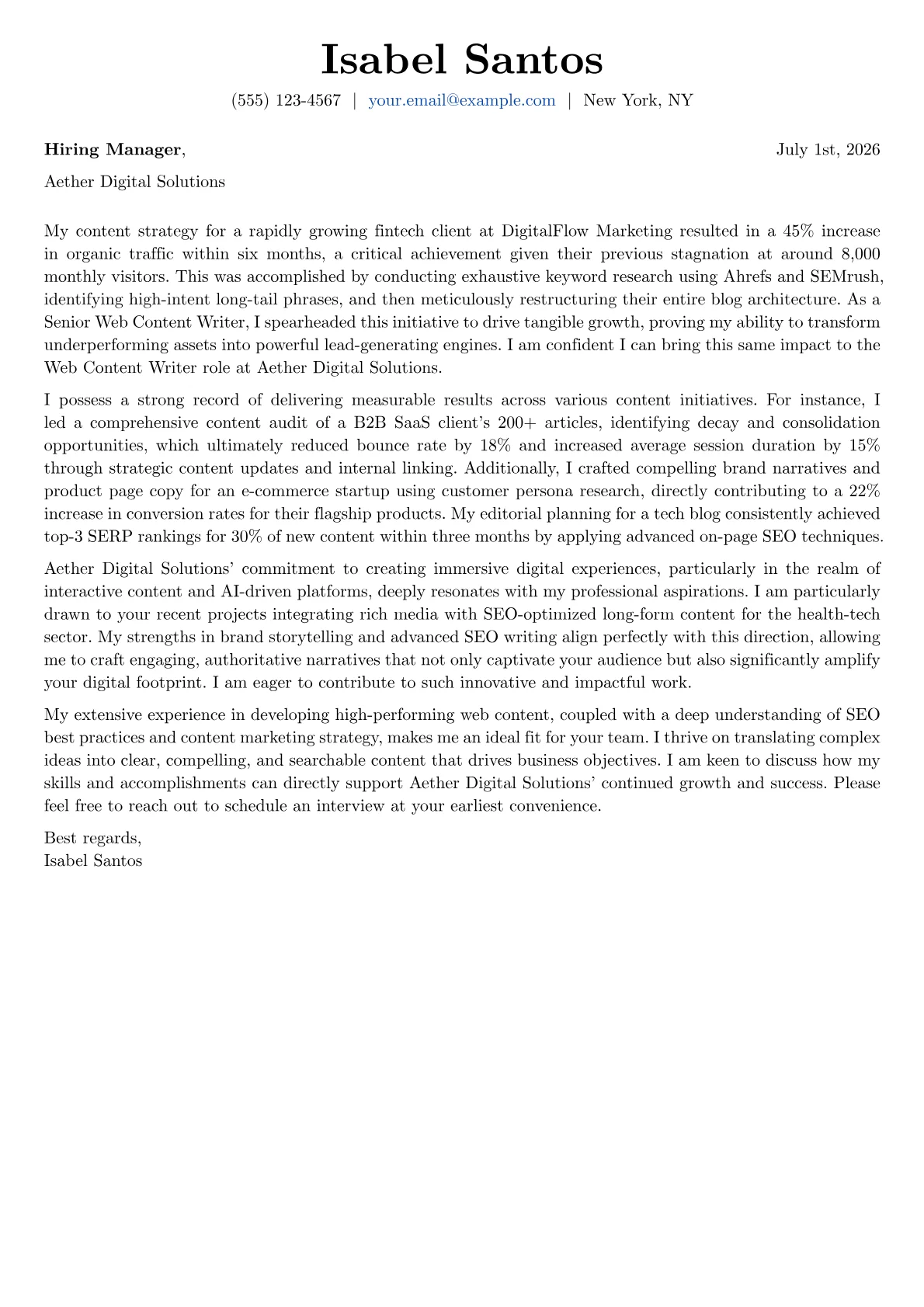 Web Content Writer cover letter formatted with a JobSprout template