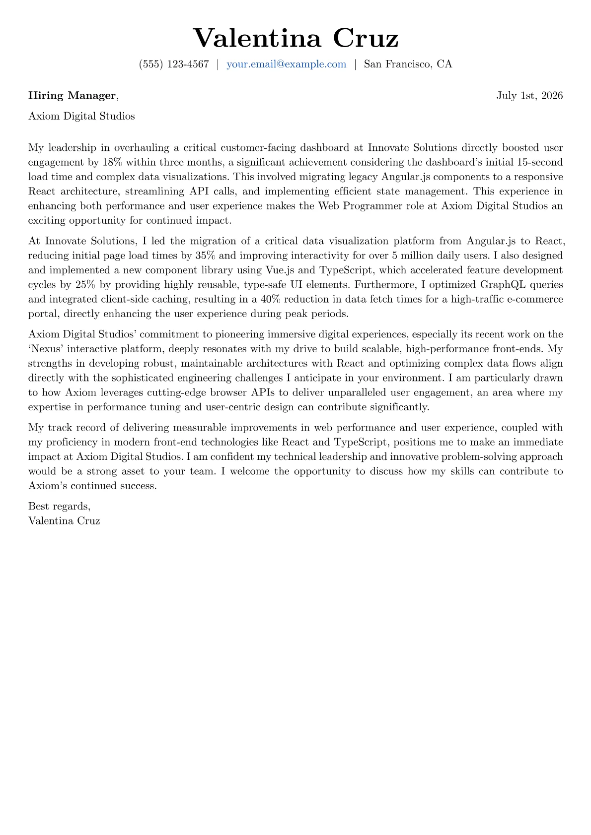 Web Programmer cover letter formatted with a JobSprout template