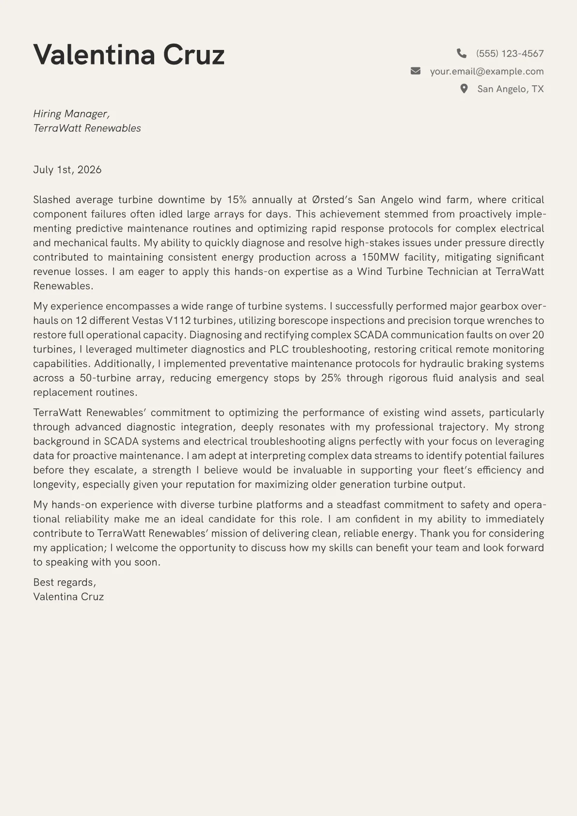 Wind Turbine Technician cover letter formatted with a JobSprout template