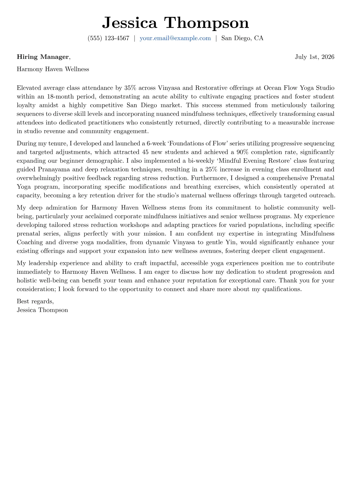 Yoga Instructor cover letter formatted with a JobSprout template