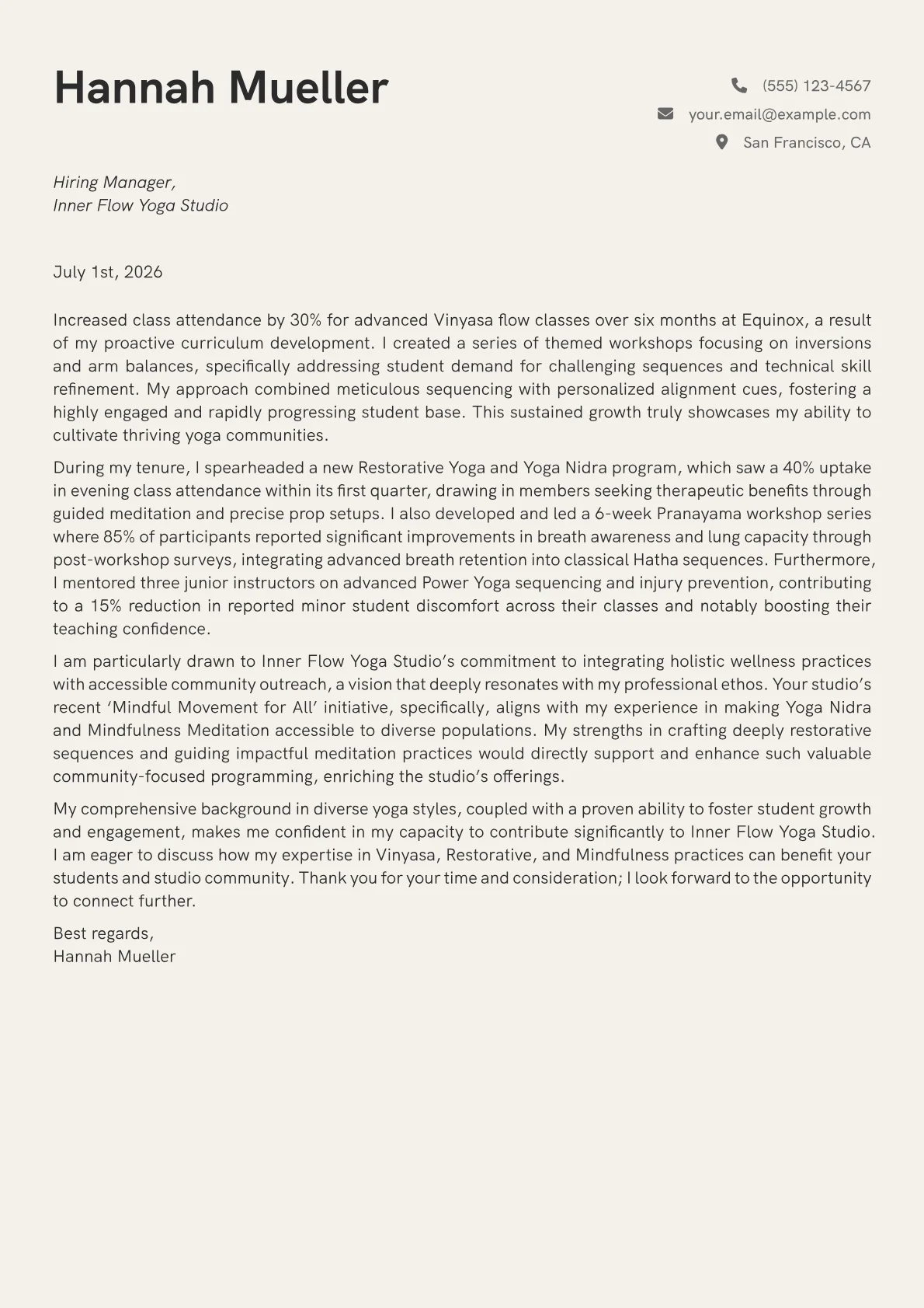 Yoga Teacher cover letter formatted with a JobSprout template
