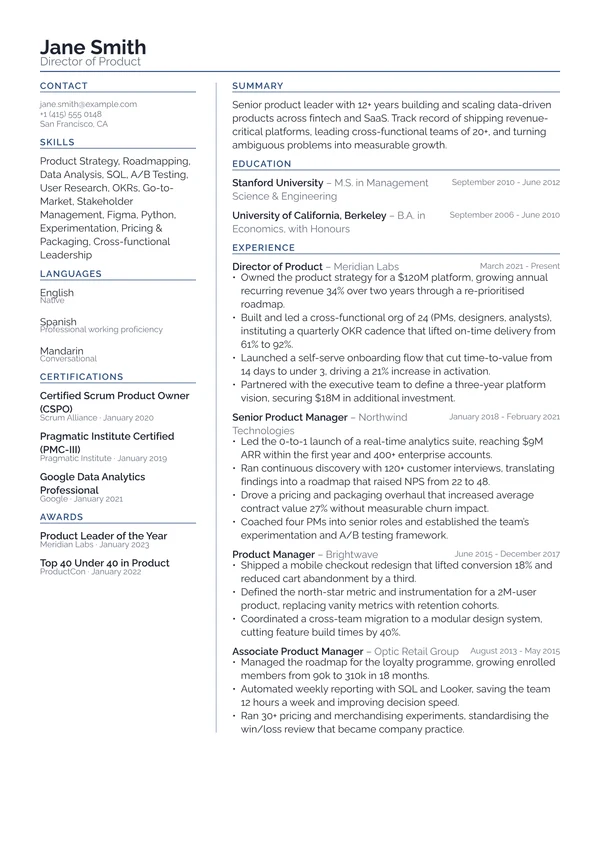 Column resume template preview