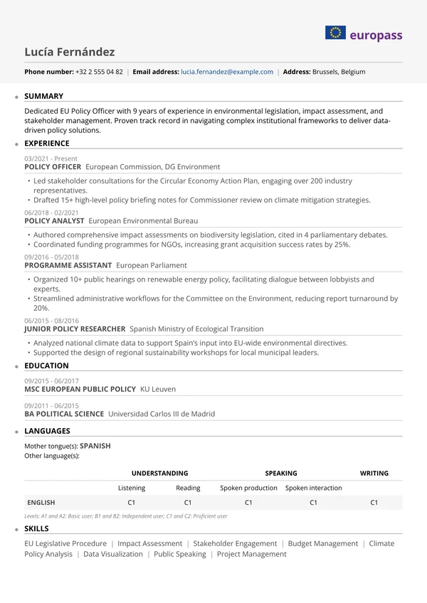 Europass resume template preview